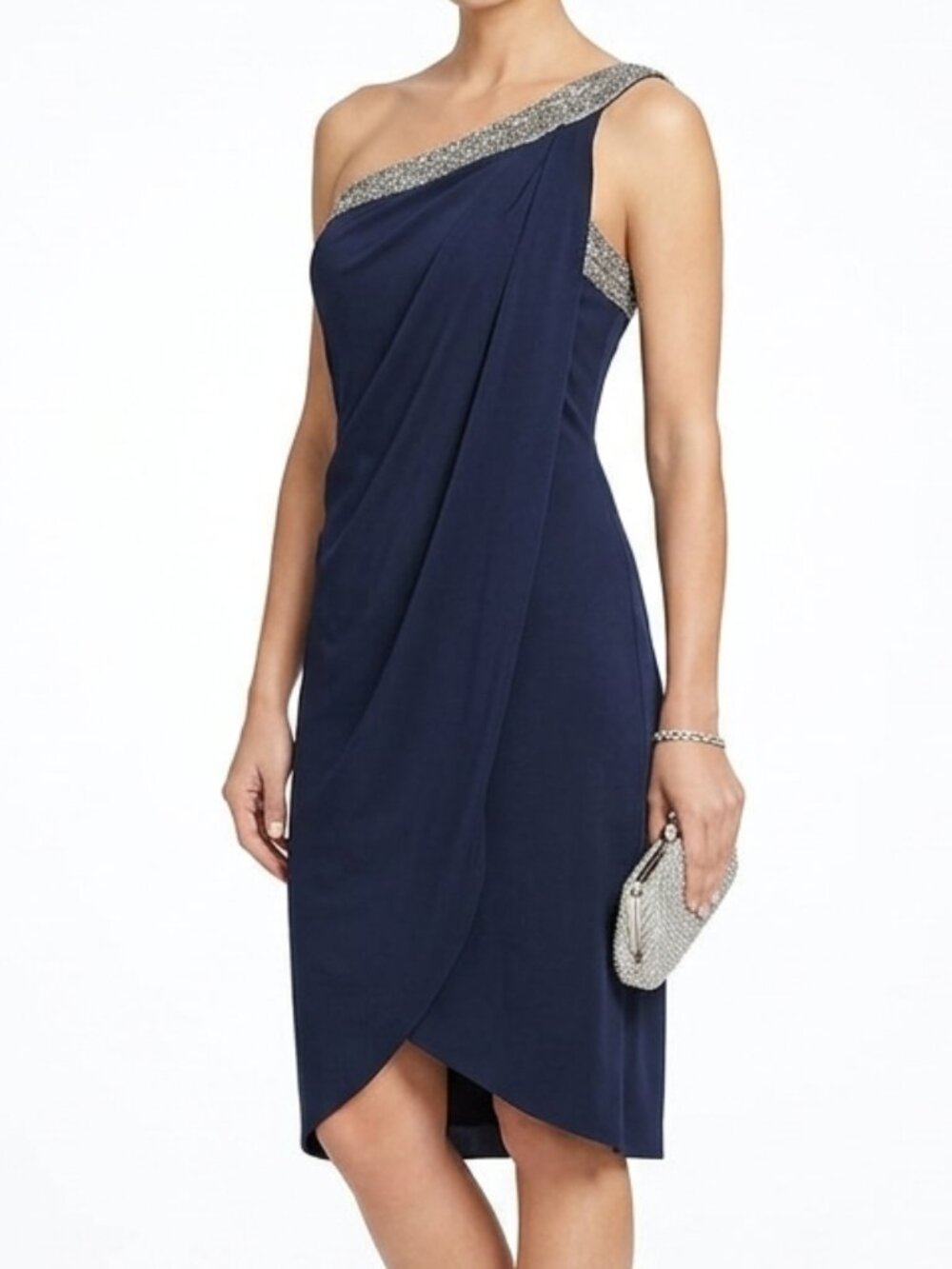 JS Boutique Navy 1 Shoulder Drape Front Silver Beaded Cocktail Dress- Sz. 8